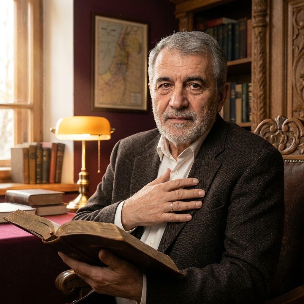 Pastor Gabriel Moreau în birou, lângă o Biblie deschisă